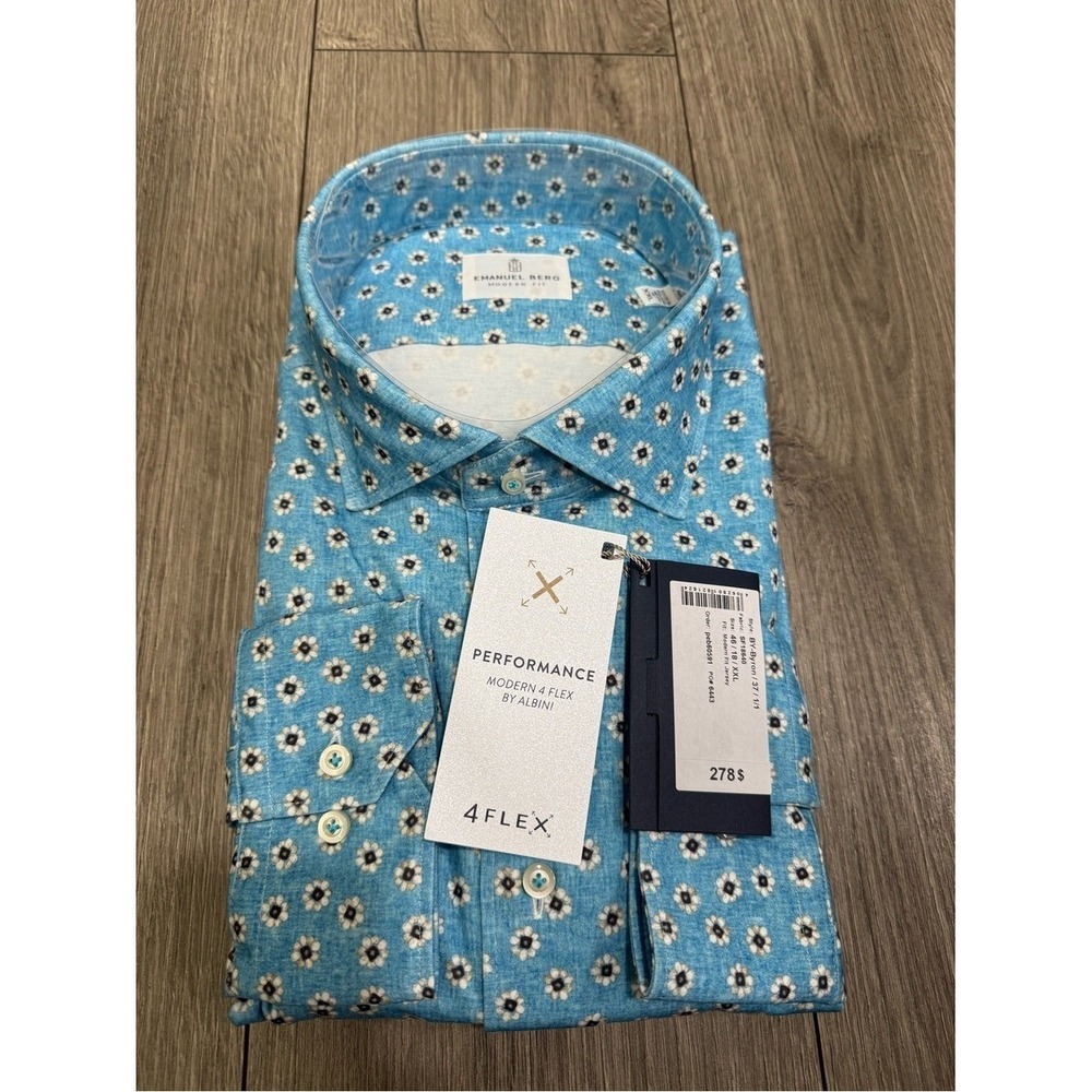 Emanuel Berg 4Flex Modern Fit Floral Knit Button-Up Shirt TURQUOISE 48-18-XXL